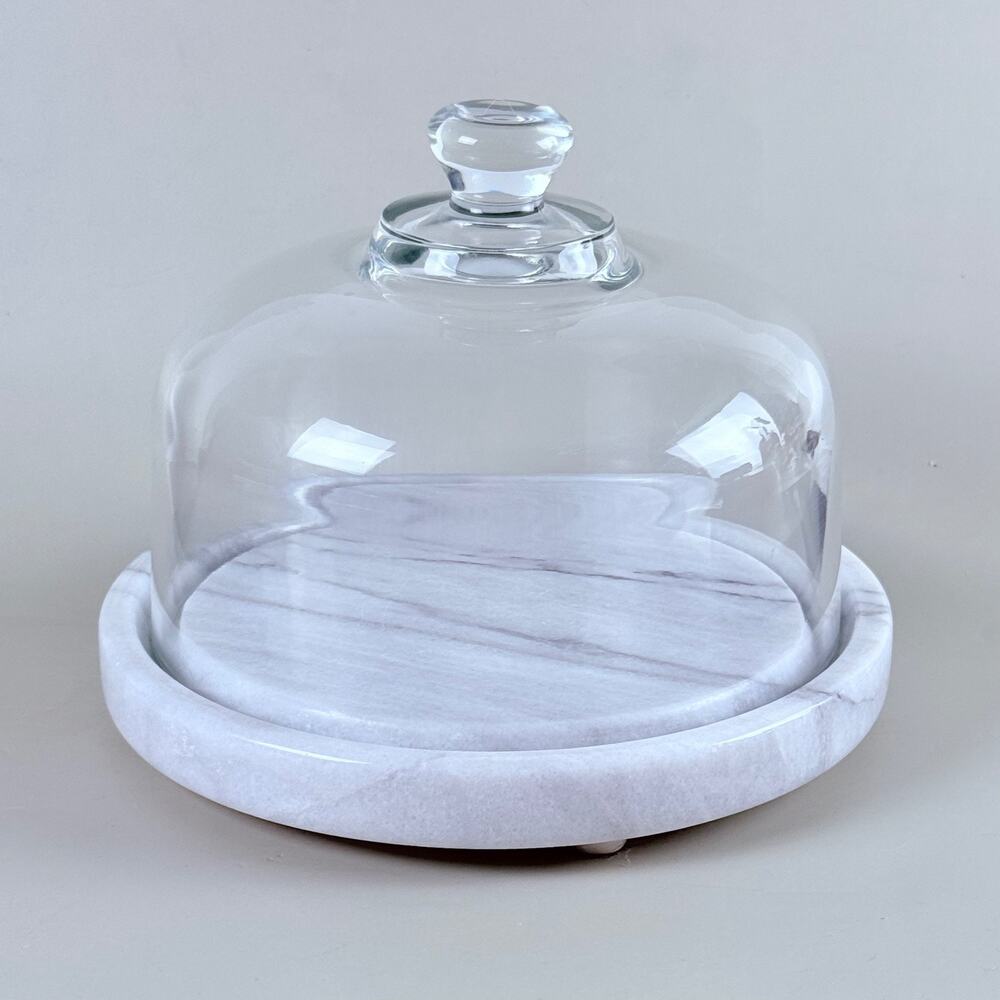 Vintage Marble Cheese Board with Glass Dome Cloche White Gray 7.5 Inch